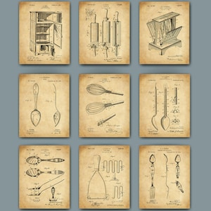 9 Vintage Kitchen Art Posters Spoon Patent Fork Patent Blueprint Kitchen Wall Decor Chef Gift Cooking Art Cook Tools Poster
