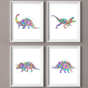 4 Dinosaurs Art, Dinosaur Watercolor, T-Rex, Stegosaurus, Brontosaurus, Triceratops, Kids Room Decor, Nursery Printable Art, Dinosaur Gift