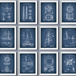 Sailboat patent poster set of 12, Sailing art blueprint, Nautical wall decor, Beach house wall art, Yacht patent, Sailing ship inventions