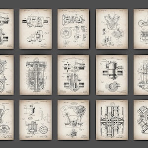 May include: A set of 12 vintage black and white engine patent prints. The prints feature detailed illustrations of various engine designs, including internal combustion engines, steam engines, and other mechanical devices. The prints are printed on a textured paper with a vintage look.