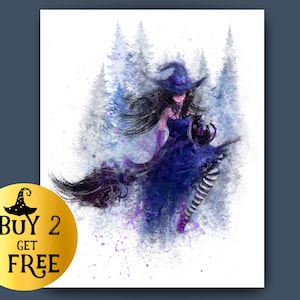 Flying Witch Artwork, Witch on Broom, Halloween Decor,  Witch&#39;s broom, Horror Art, Kids Room Decor, Halloween Party, Halloween Gift