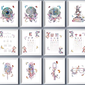 Set 12 Optometrist Geschenk Augenheilkunde Poster Augenoptiker Büro Art Optometrie Werkzeuge Zeichnung Optometer Ophthalmoskopie Art Augenärzte Klinik Art