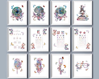 May include: Set of 10 printable wall art prints featuring colorful watercolor illustrations of medical and science related items, including an eye, a microscope, an eye chart, a stethoscope, a blood pressure cuff, and glasses. Each illustration is surrounded by butterflies and flowers.