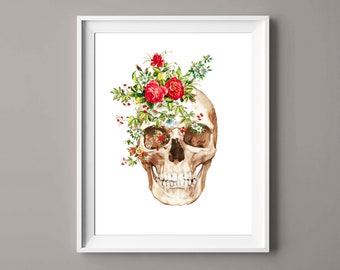 May include: A white human skull with a floral arrangement of red, pink, and white flowers on top of the skull. The flowers are arranged in a circle around the top of the skull.
