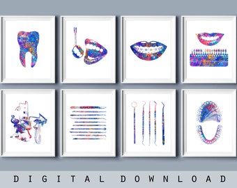 Akvarellkonsttryck för tandläkare: Dekor för tandläkarmottagning (digital nedladdning)