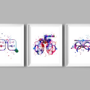 Set 3 Watercolor Optometry Art, Ophthalmology Art, Optometrist Gift, Trial Frame, Manual Phoropter, Trial Lens, Eye Clinic Wall Decor