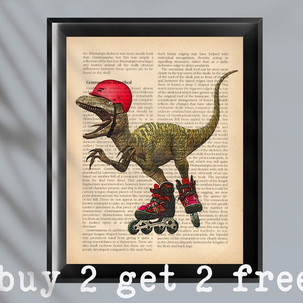 Dinosaur Rollerskater Art Rollerblading Art Roller Skating Art Velociraptor Art Book Page Painting Dinosaurs Lover Gift Rollerskating Fan