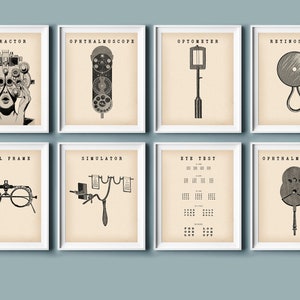 May include: Set of eight black and white illustrations of eye exam equipment, including a refractor, ophthalmoscope, optometer, retinoscopy, trial frame, simulator, eye test chart, and an ophthalmoscope. Each illustration is framed in a white frame and has a title.