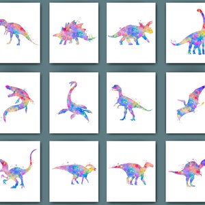 Dinosaur Watercolor Print Set 12 Dinosaur Silhouettes Nursery Decor T-Rex Stegosaurus Triceratops Mosasaurus Brontosaurus Velociraptor Print