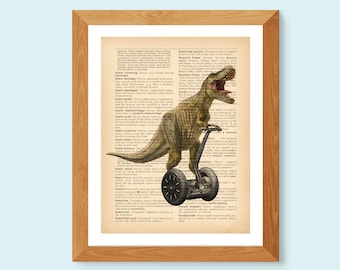 T-Rex on Scooter Dictionary Art Print: Funny Dinosaur Illustration