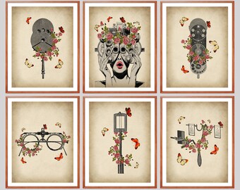 Vintage Optometrie Werkzeug Kunstdrucke: Blumen Arzt Praxis Deko (Digitaler Download)