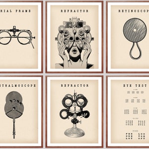 Set 6 Vintage Optometry Art Optometrist Gift Eye Testing Poster Refractor Print Trial Frame Print Optician Office Decor Eye Clinic Decor