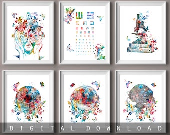 May include: A set of six colorful watercolor illustrations featuring various medical and ophthalmological themes. The illustrations include a woman with an eye exam tool, an eye chart, a microscope, a cross-section of an eye, a human eye, and a brain. Each illustration is surrounded by flowers and butterflies.