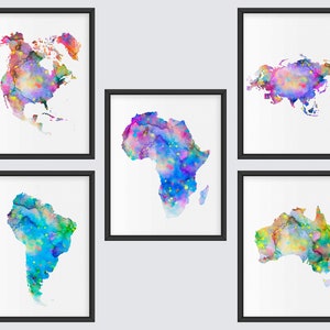 5 Aquarell Karten Kunst Kartographie Kunst Moderne Wand Dekor Landform Kunst Kontinente Kunst Nordamerika Südamerika Afrika Australien Eurasien Kunst