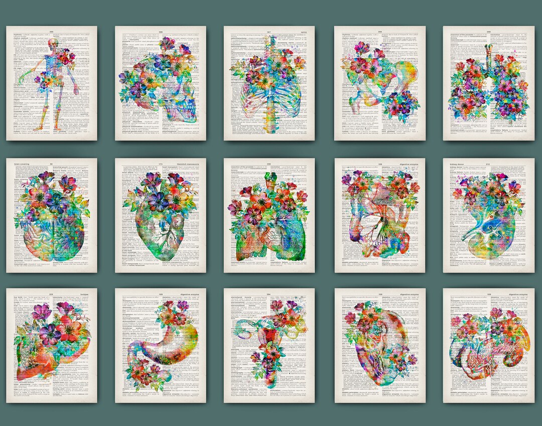 Floral Anatomy Watercolor Art Prints: Dictionary Page Human Organs (set ...