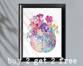 Arte floral de anatomía cerebral: Impresión de acuarela sobre neurociencia (descarga digital)