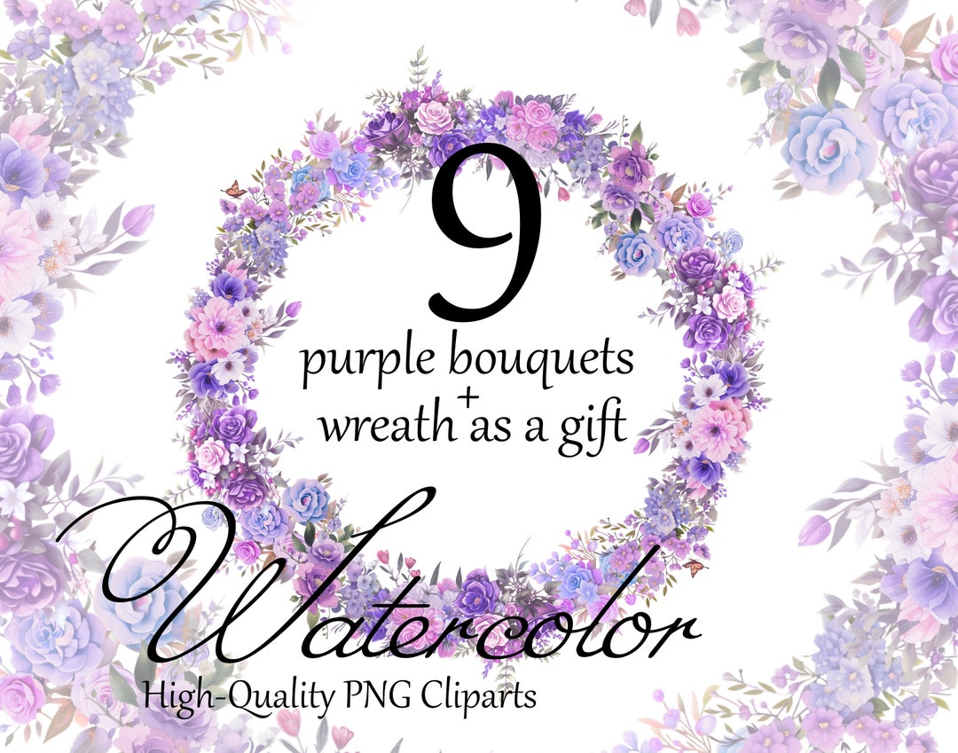 Purple Flower Clipart Set: Watercolor Bouquets & Wreath (PNG Digital ...