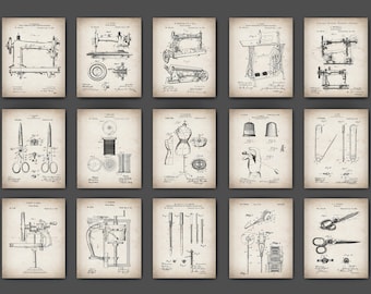Könnte beinhalten: Ein Set mit 12 Vintage-Patentdrucken für Nähmaschinen. Die Drucke sind in Schwarzweiß gehalten und zeigen Illustrationen verschiedener Nähwerkzeuge und -maschinen. Die Drucke sind auf einem strukturierten, gebrochenen Weißhintergrund.
