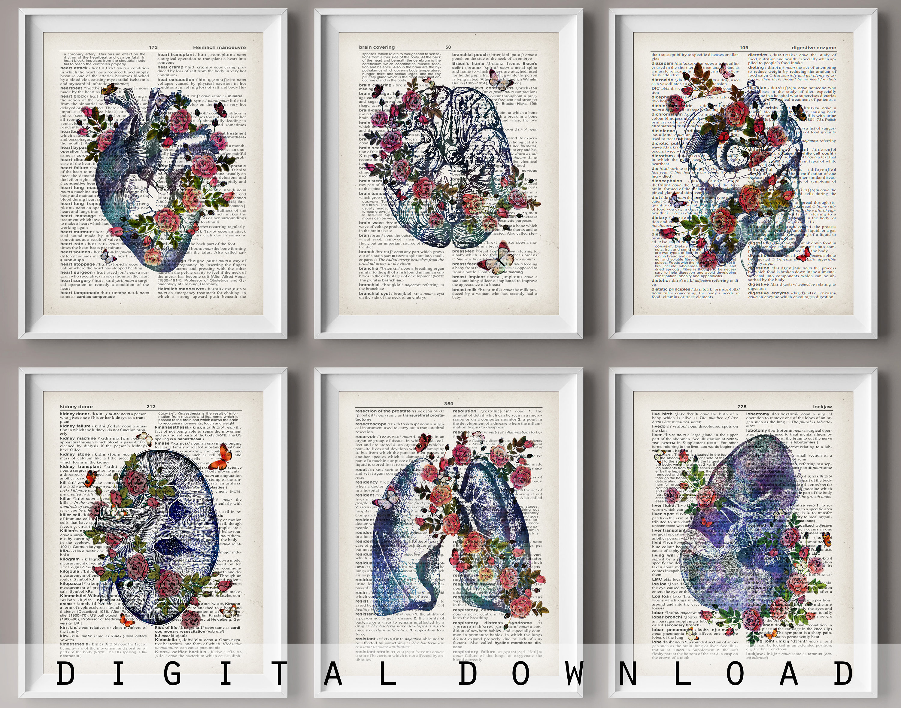 Vintage Anatomy Art Prints: Floral Human Organs on Dictionary Paper ...