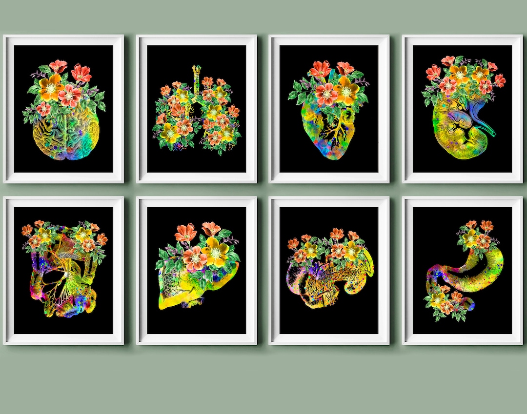Set 8 Watercolor Anatomy Art Floral Human Organs Anatomical Lungs Heart ...