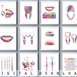 Set 12 Dentist Office Decor Medical Gift Watercolor Dental Tools Tooth Anatomy Teeth Braces Tooth Implant Cosmetic Dentistry Poster Clinic