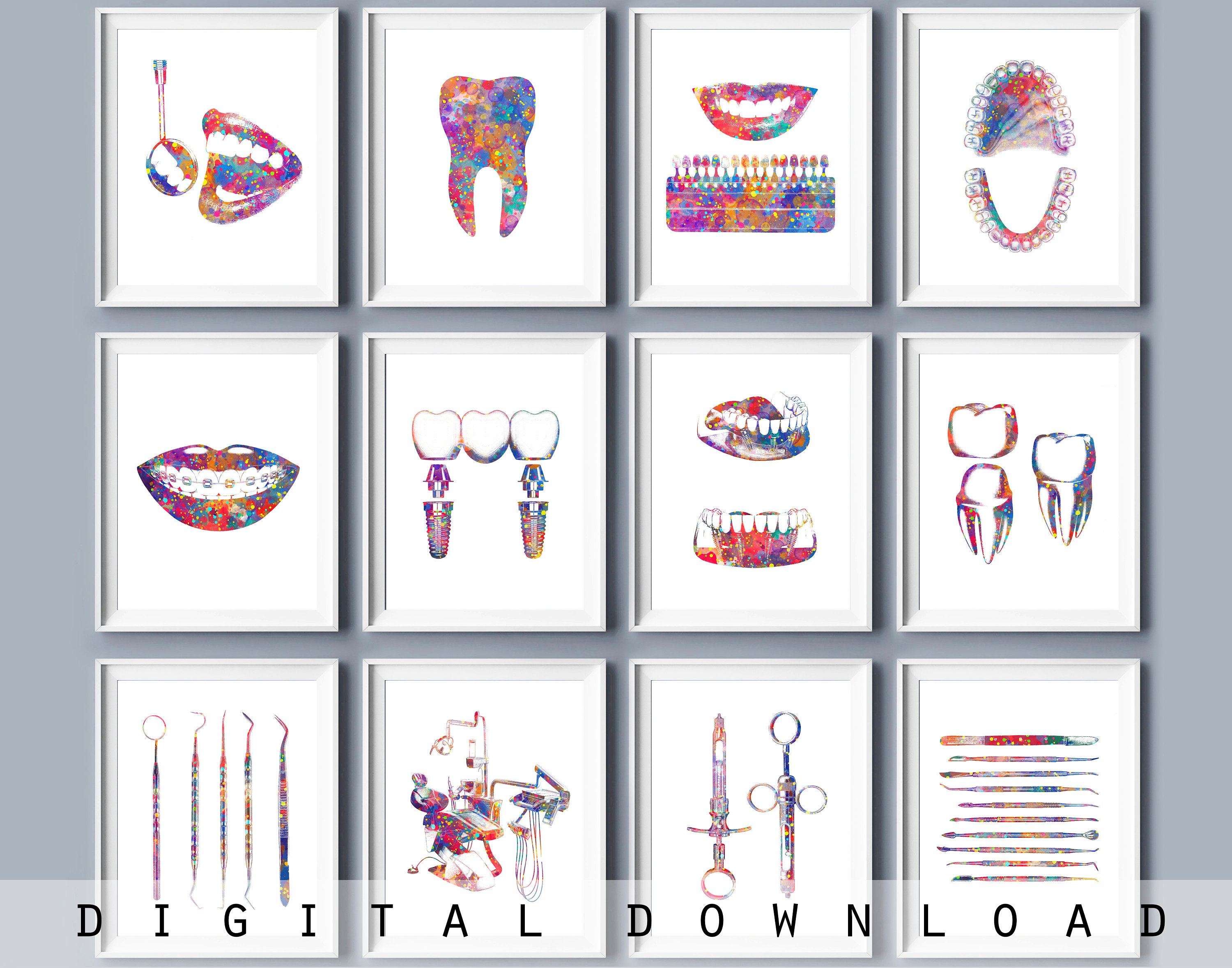 Set 12 Dentist Office Decor Medical Gift Watercolor Dental Etsy