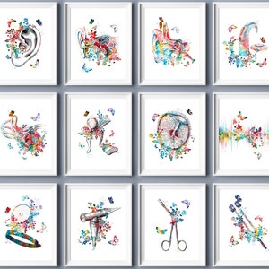 12 Watercolor Ear Anatomy Art Hearing System Poster Cochlear Implant Art Inner Ear Structure Medical Art Otolaryngologist Gift ENT Physician