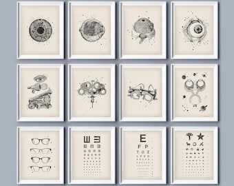 May include: Set of 10 black and white illustrations of eye anatomy, eye care tools, and eye charts. The illustrations include a close-up of the eye, an eye chart with the letters E, FP, TOZ, LPED, PECFD, and a chart with symbols like a mushroom, star, horse, and a circle.