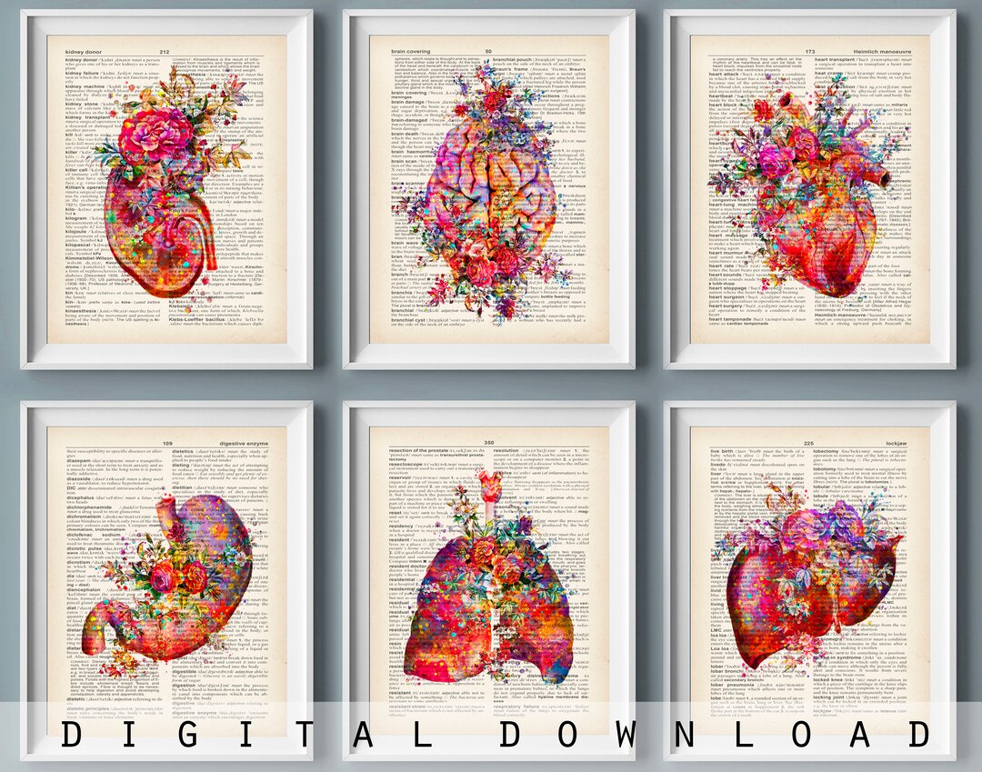 Set 6 Watercolor Anatomy Old Dictionary Page Art Medical Art Anatomical ...