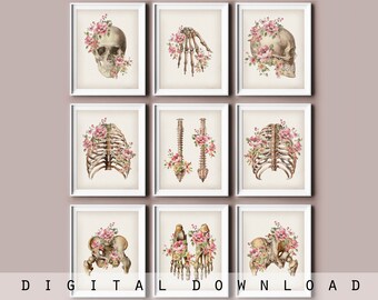 Vintage Anatomy Art Prints: Floral Skeleton Drawings (Digital Download)