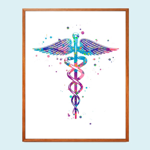 Caduceus watercolor art, Medical symbol print, Doctor graduation, Nurse gift, Med student gift, Clinic wall art, Doctor office decor