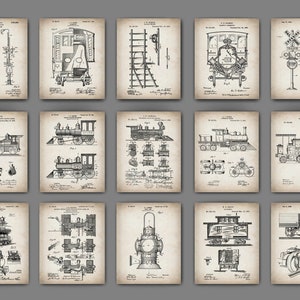 May include: A set of 15 vintage train patent prints in black and white. The prints feature various train parts, including locomotives, cabooses, and signals. The prints are on a light brown background.