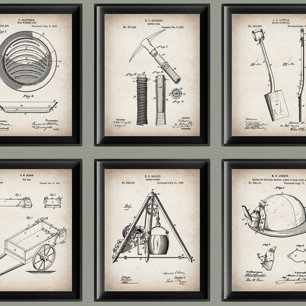 6 Vintage Gold Mining Patent Posters Prospector Gift Miner Gift Collier Eqipment Blueprint Shovel Patent Gold Washing Pan Scheme Poster