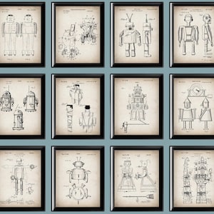 12 Vintage Robotics Patent Posters Bionic Person Blueprint First Robot Scheme Automation Art Cyborg Art Cybernetics Art Robotization Art