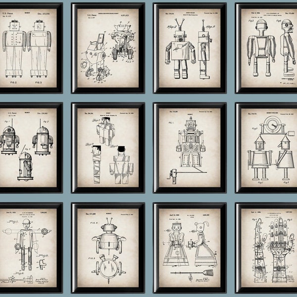 12 Vintage Robotics Patent Posters Bionic Person Blueprint First Robot Scheme Automation Art Cyborg Art Cybernetics Art Robotization Art