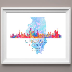 Chicago Skyline Kunst, Illinois Aquarell Karte, USA Stadt Karte, Reise Dekor, Abenteuer Poster, Büro Dekor, USA Karte, Housewarming Geschenk