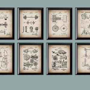 8 Home Gym Decor Weightlifting Patent Posters Bodybuilding Blueprint Art Iron Pumping Equipment Scheme Sports Exercises Art Athlete Gift