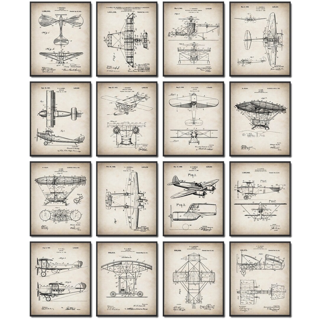 Set 16 Airplane Patent Prints Aviation Art Plane Blueprint Airship ...