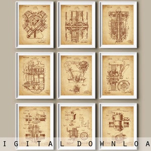 May include: Set of 8 vintage style prints featuring detailed illustrations of engine parts. The prints are in sepia tones and have a distressed look. Each print is framed in a white frame.