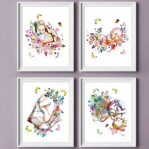 Art pour bébés, aquarelle de fœtus, dessin de nouveau-né, art de la naissance, affiche pour bébé, cadeau pour une mère, décoration de baby shower, fête de baby shower, art de sage-femme