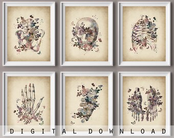 Floral Skeleton Anatomy Art Prints: Vintage Medical Decor (Digital Download)