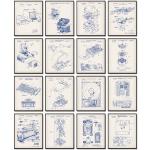 May include: A set of 12 blue and white vintage computer patent prints. The prints feature detailed illustrations of various computer components, including a keyboard, mouse, hard drive, and floppy disk. Each print includes the patent number and date.