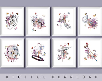 Set 8 Anatomical ear art, Watercolor medical artwork, Audiology art, Inner ear structure, Cochlea art, Audiologist Tools, Otolaryngologist