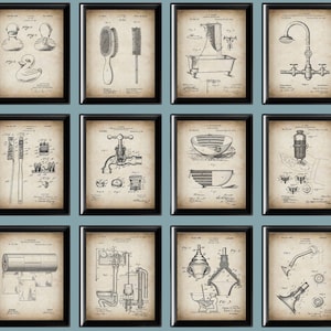 12 Bathroom Patent Decor Bathroom Blueprint Plumbing Art Bath Scheme Art Water Closet Patent Toilet Paper Roll Art Restroom Wall Decor