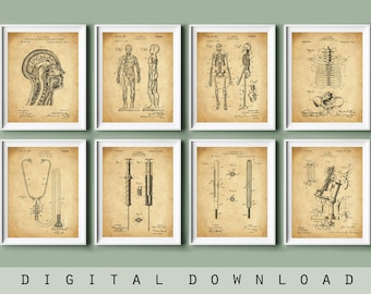 May include: Set of eight vintage medical illustrations, including a human brain, skeleton, stethoscope, syringe, thermometer, and microscope. The illustrations are in black and white and have a vintage aesthetic.