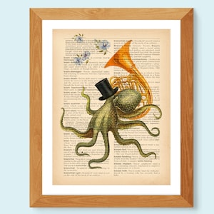 Arte de músico pulpo, arte de trompa, póster vintage, ilustración de diccionario, animal oceánico, temática náutica, arte humorístico, decoración de pared divertida