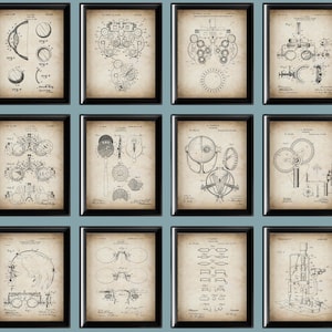 May include: A set of 12 vintage-style prints featuring black and white illustrations of eye examination equipment. The prints are framed in black frames and have a distressed, aged paper background.
