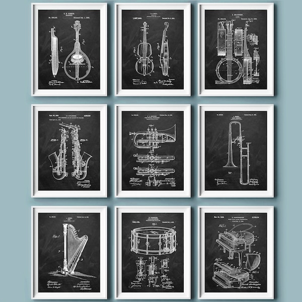 Set of 9 Music art, Musical intrument patent, Musical blueprint, Wind Instruments, Stringed instruments, Piano blueprint, Violin blueprint