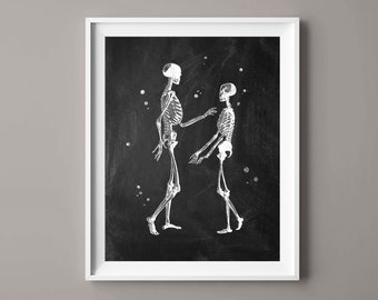 May include: Black and white illustration of two skeletons dancing on a chalkboard background.