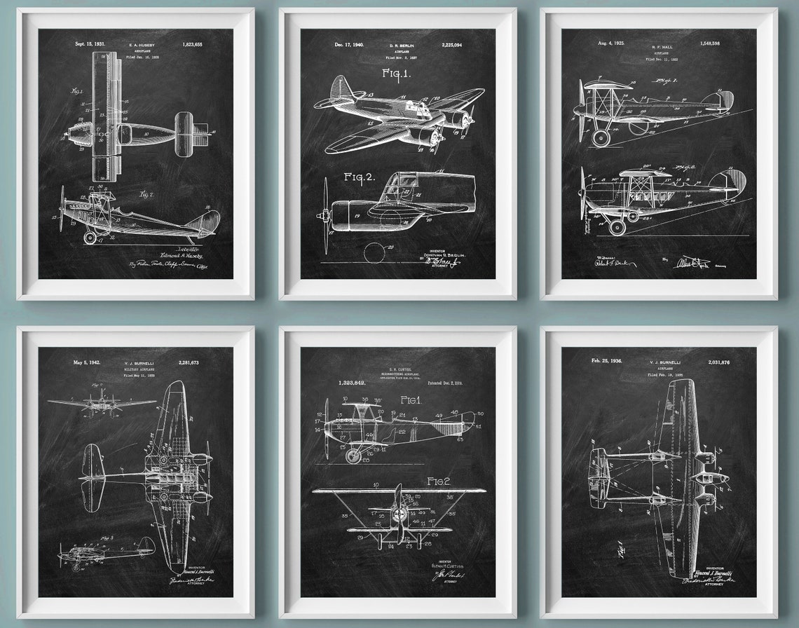 Vintage Airplane Patent Art Prints: Chalkboard Aviation Decor (11x14 ...